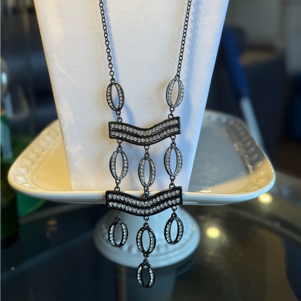 Statement Necklace, Clear Rhinestones, Bib, 36”Gunmetal Gray Runway!